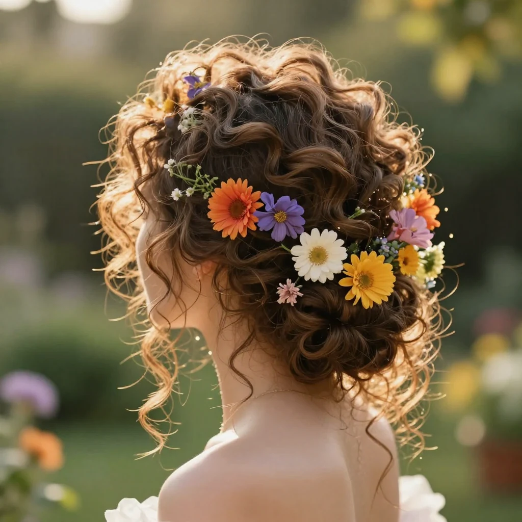 19. Curly Updo with Flowers