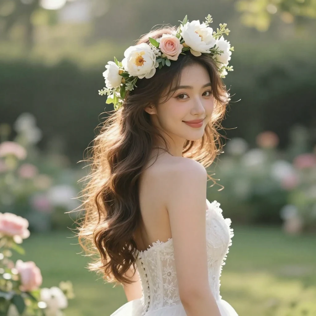 2. Soft Waves with Floral Crown