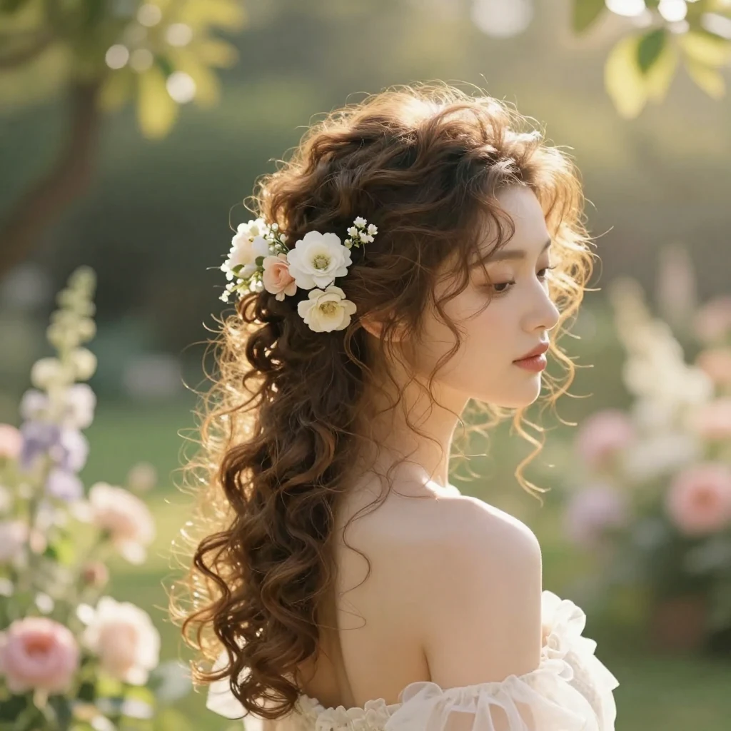 23. Curly Updo with Hair Flowers