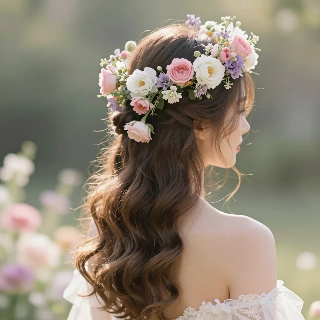 9. Floral Crown with Half-Up Hairstyle