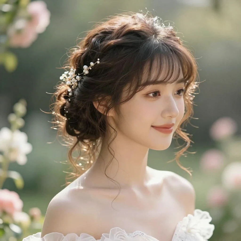 21. Curly Updo with Side Bangs